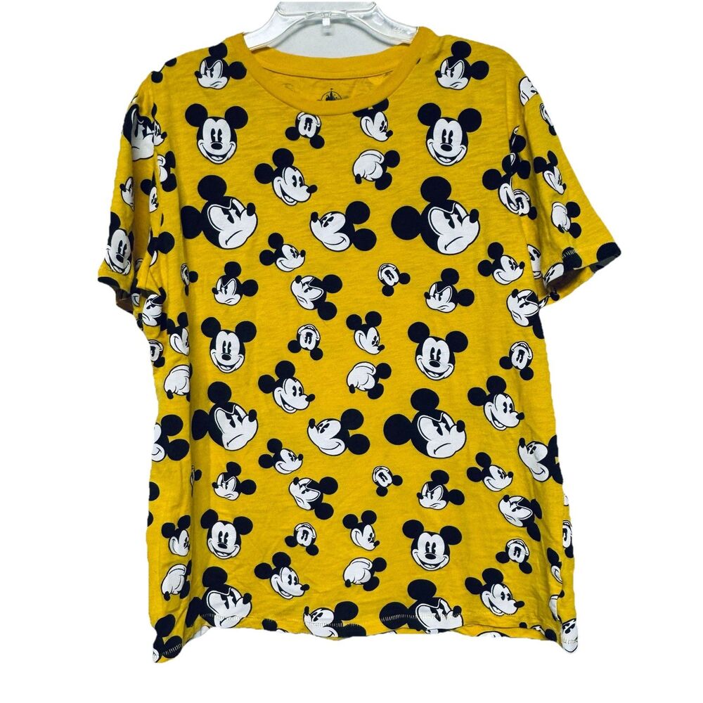Disney Parks Yellow Multiple Mickey Mouse Faces All Over Print Adult Large Shirt